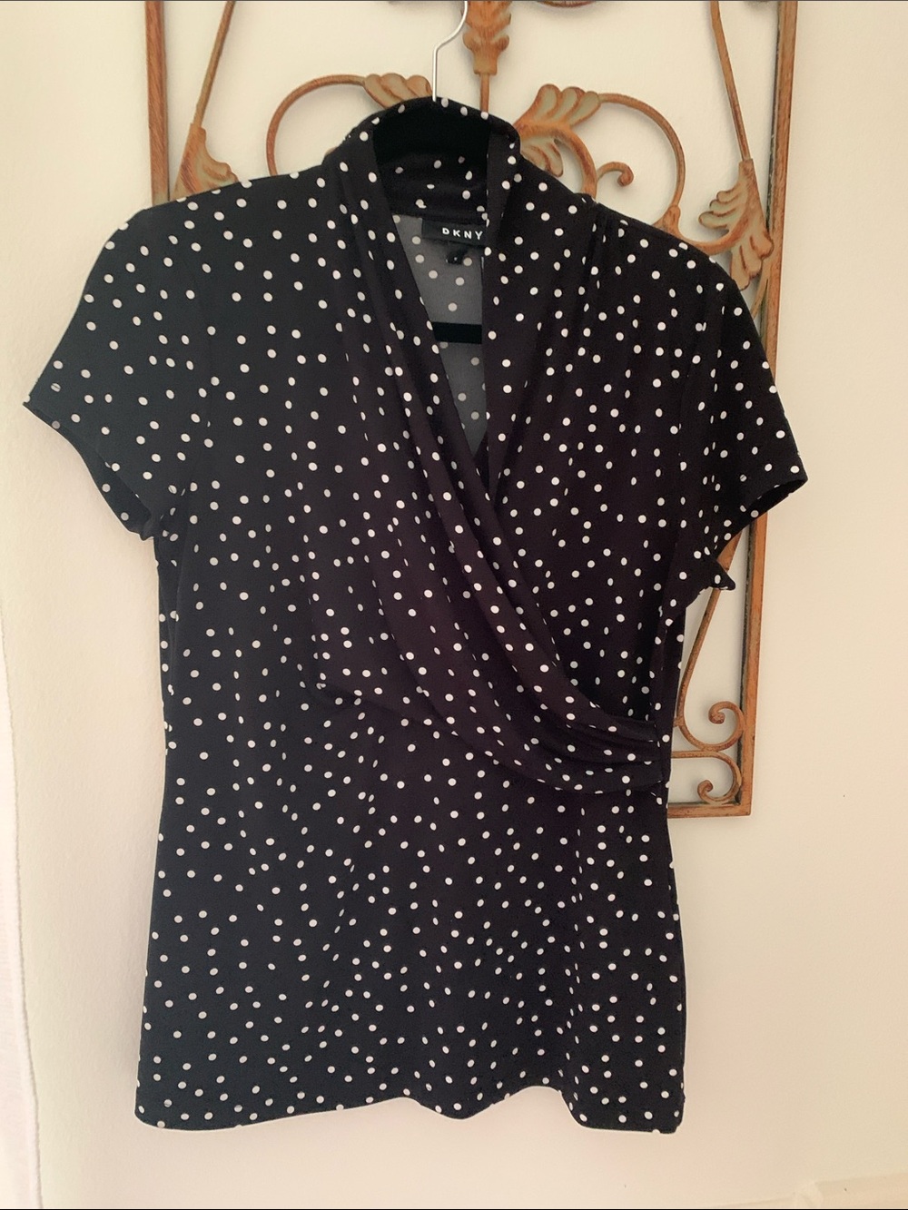 DKNY Black with White Polka Dot Wrap-Style Top